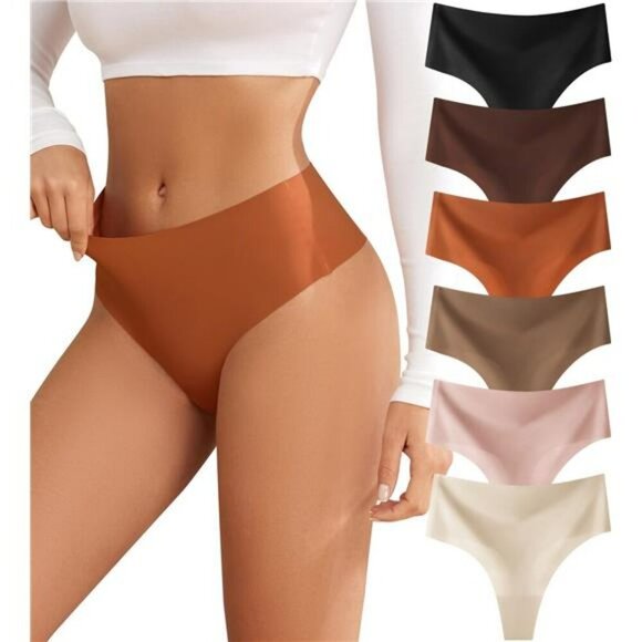 Womens High Waisted Seamless Thongs No Show Underwear Panties 6 Pack - Picture 1 of 7